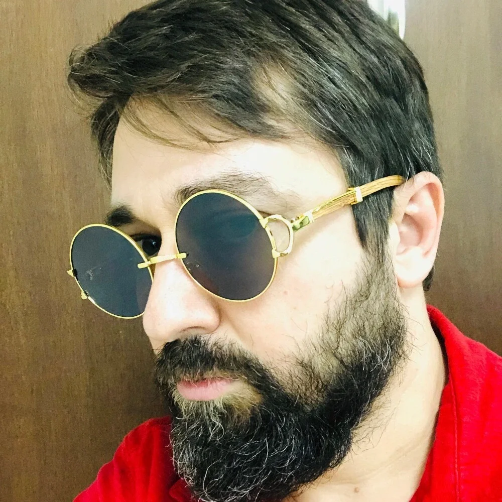 Round Sunglasses Gold Frame Wood Temple‎ Men's Fashion Statement Street Wear Rap